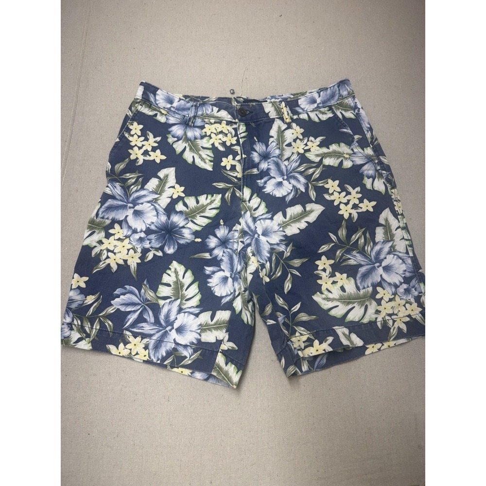 Lands’ End Men’s Shorts Size 33 Navy Blue Tropical Hawaiian Floral Print [A22]